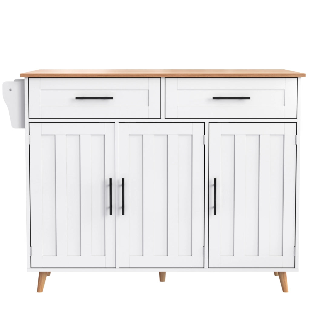 Isola da Cucina Mobile 129x46/71x91;5 cm Bianca con Piano Effetto Marmo; 2 Cassetti; Ripiani e Ruote