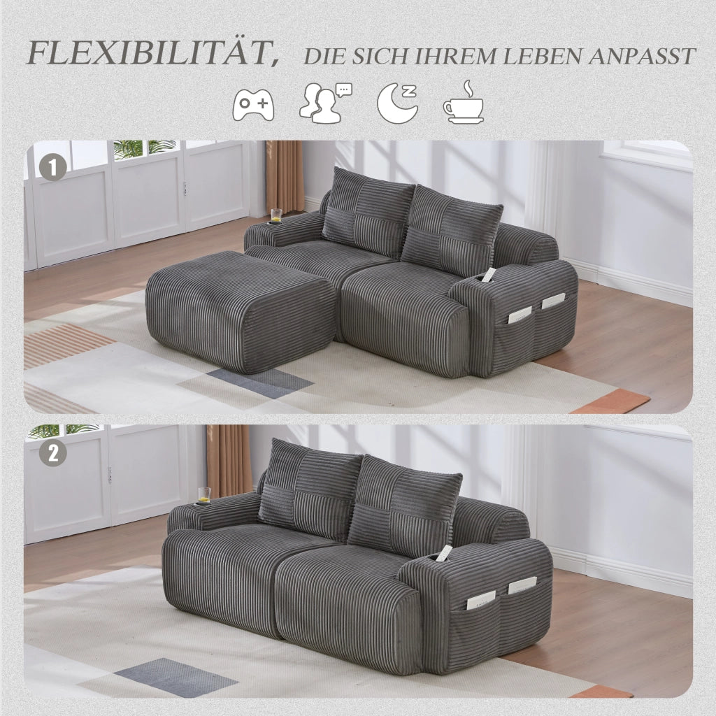 Divano modulare 2 posti in tessuto a coste con portabicchieri e tasca laterale grigio scuro 200 × 174 × 80 cm