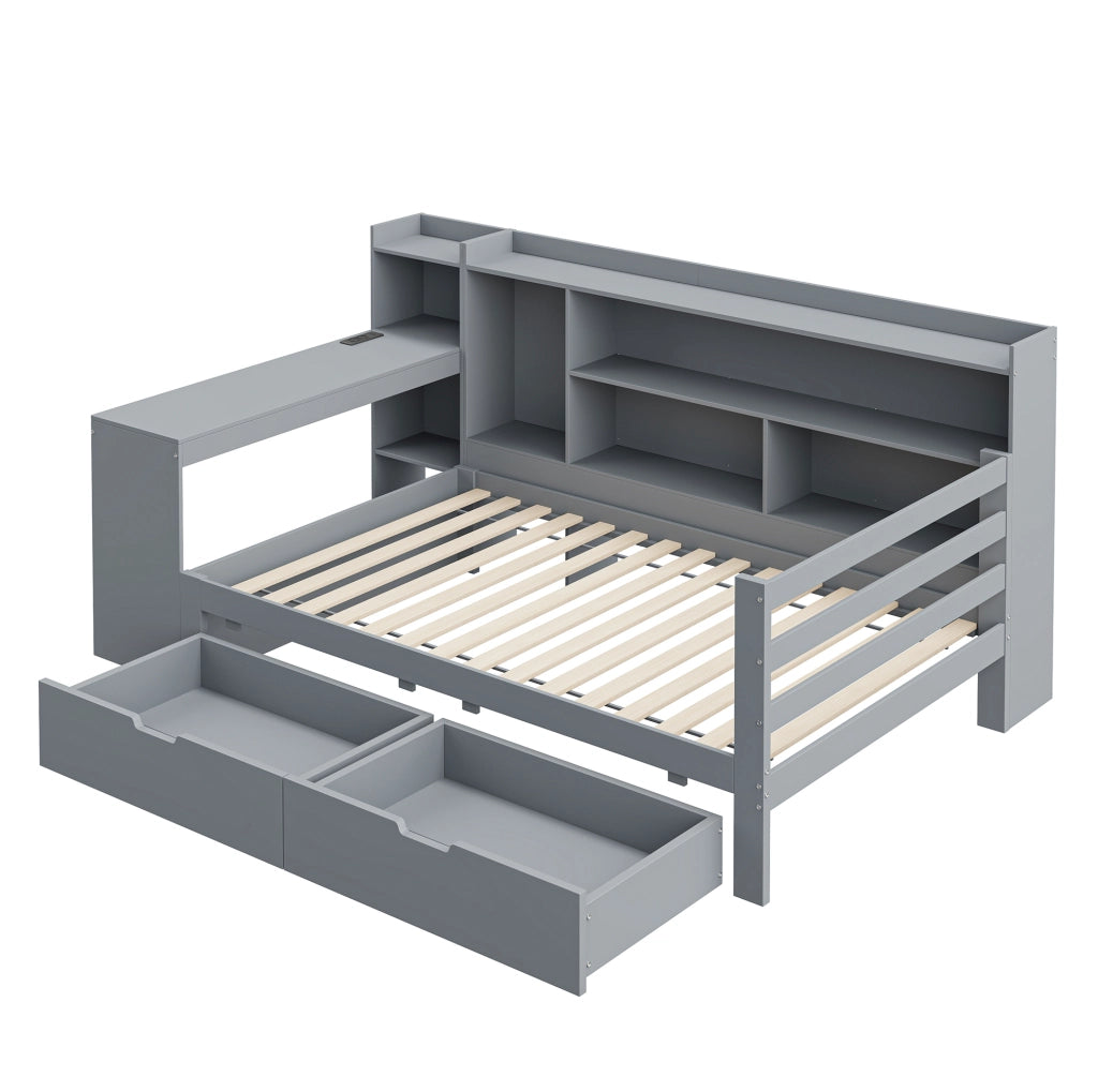 Letto singolo multifunzione 90x200 cm con scrivania; cassetti e USB in legno grigio