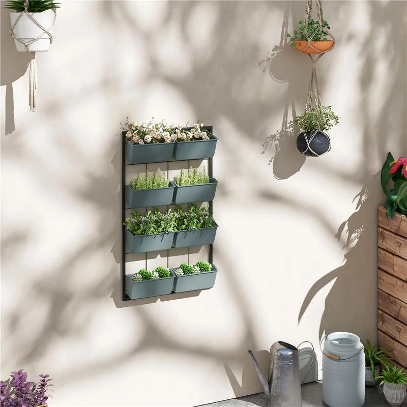 ORTO VERTICALE DA PARETE A 4 LIVELLI CON 8 VASI, IN ACCIAIO E PLASTICA, 52X14X90 CM, VERDE SCURO E NERO
