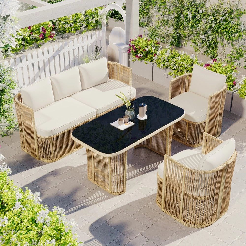 Set giardino 4 pezzi in rattan PE - Zephmum- Divano 3 posti, 2 poltrone, tavolo in vetro temperato