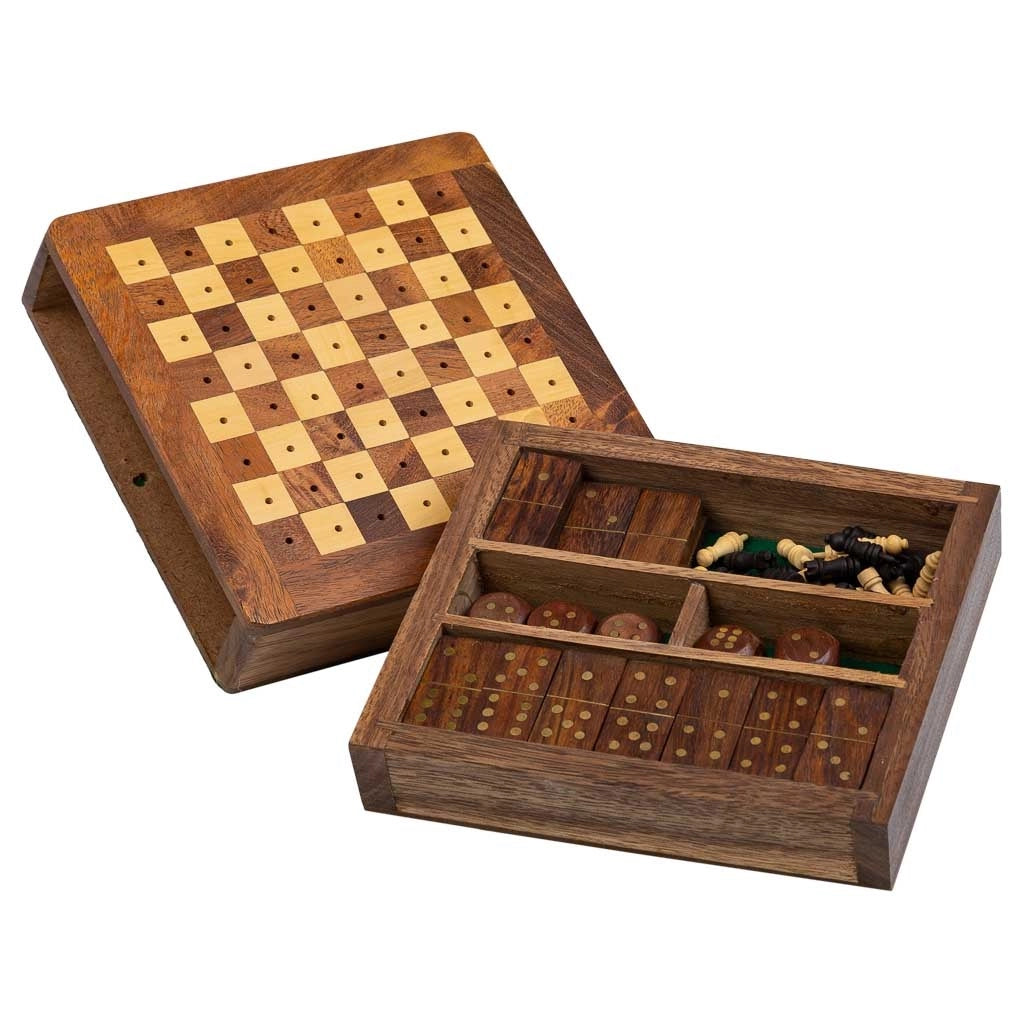 Gioco 3/11 (scacchi+domino+dadi) in scatola, legno marrone 15,5x16x3