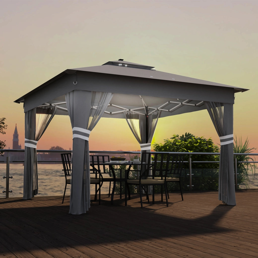 Tenda da giardino con LED alimentata a energia solare; tenda da giardino con illuminazione; 336 cm x 336 cm x 270 cm; grigio