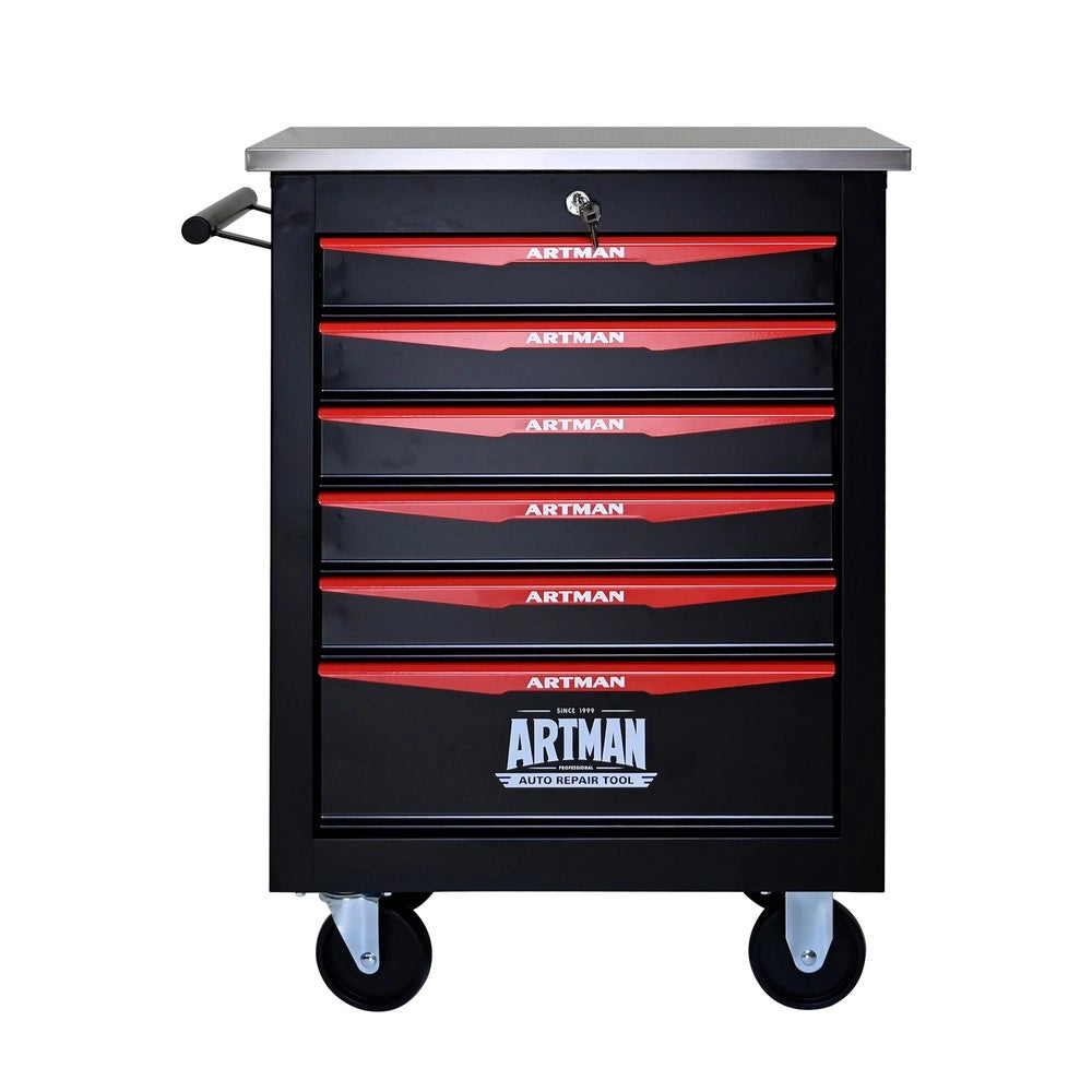 Carrello Portautensili con 6 Cassetti e Ruote ¨C MINIMAL ¨C Metallo, Piano in Acciaio, Nero e Rosso