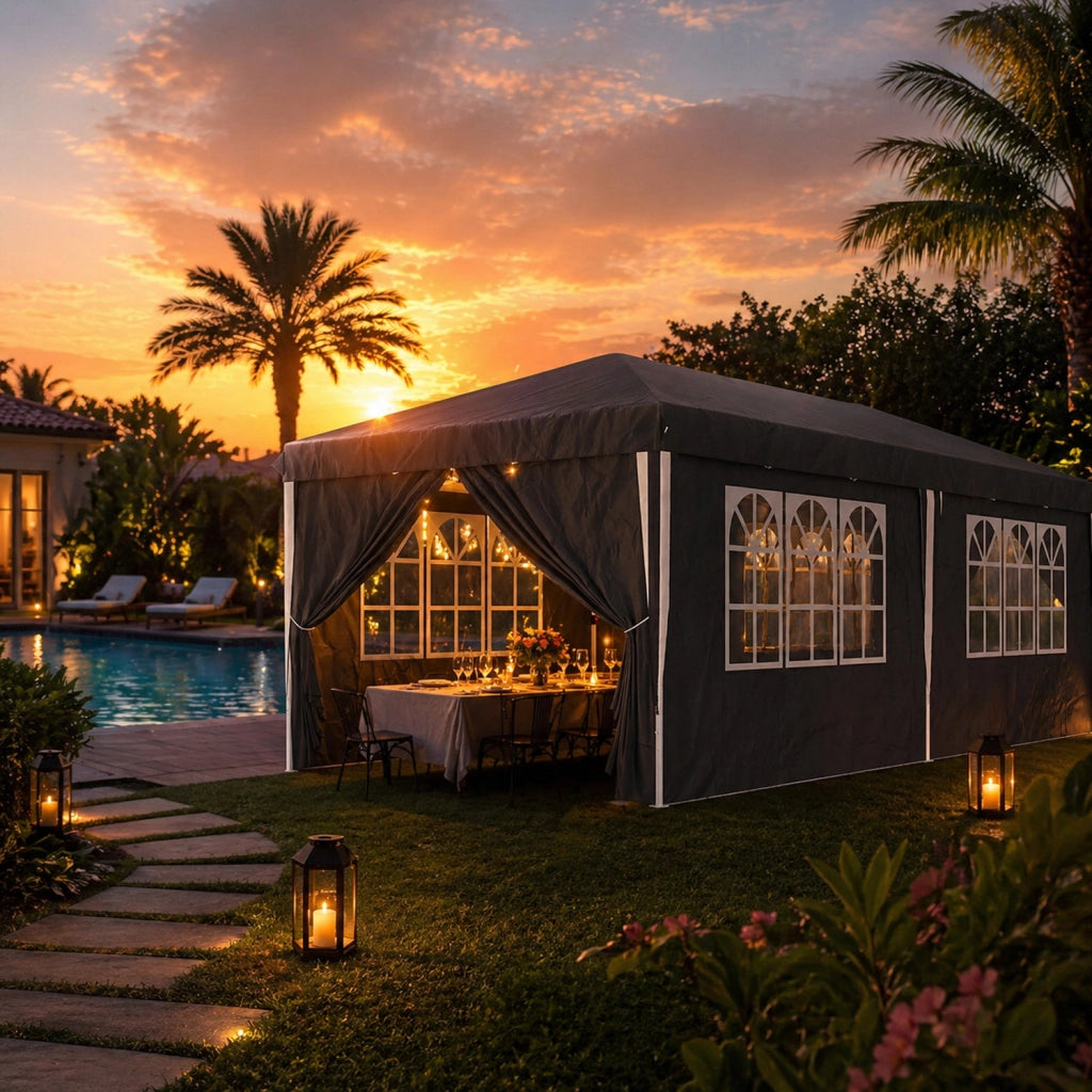 Gazebo Pieghevole Da Catering Con Pareti Laterali Finestre Trasparenti Porte Removibili E Struttura Pop Up Impermeabile Resistente Nero 3x6 Metri