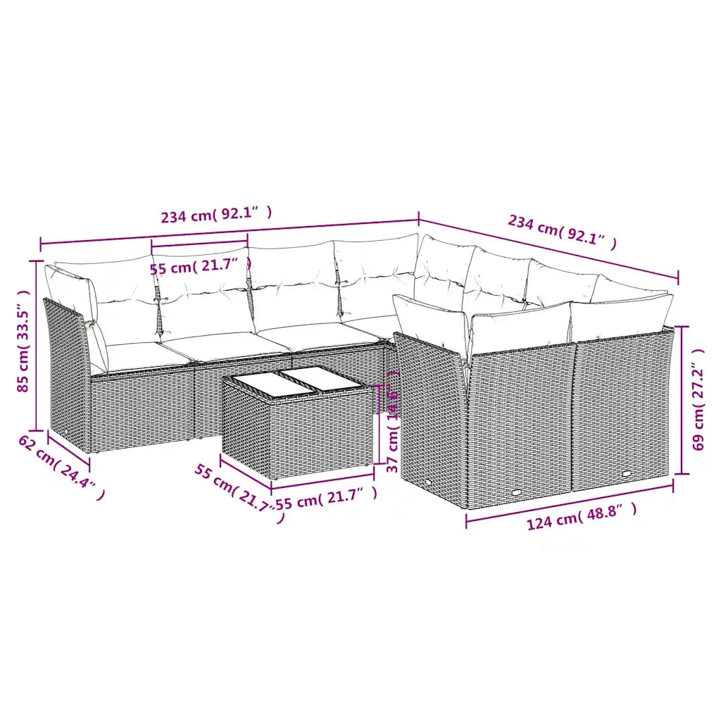 Set Divani da Giardino 9 pz con Cuscini Nero in Polyrattan