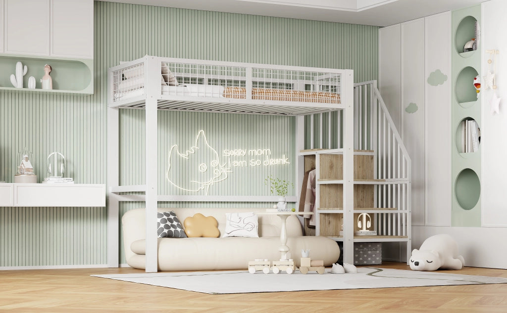 LETTO A CASTELLO 90x200 cm in metallo bianco con scala e armadio