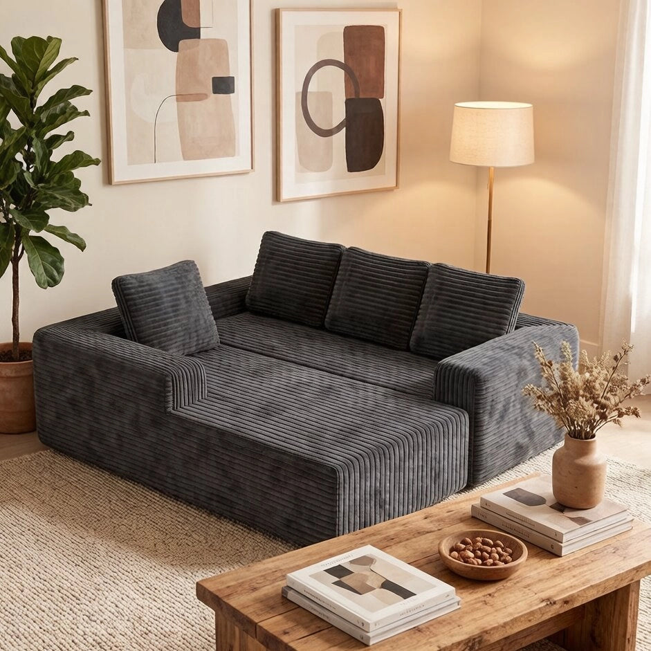 Divano angolare modulare a L con chaise longue reversibile e seduta profonda in velluto a coste - grigio