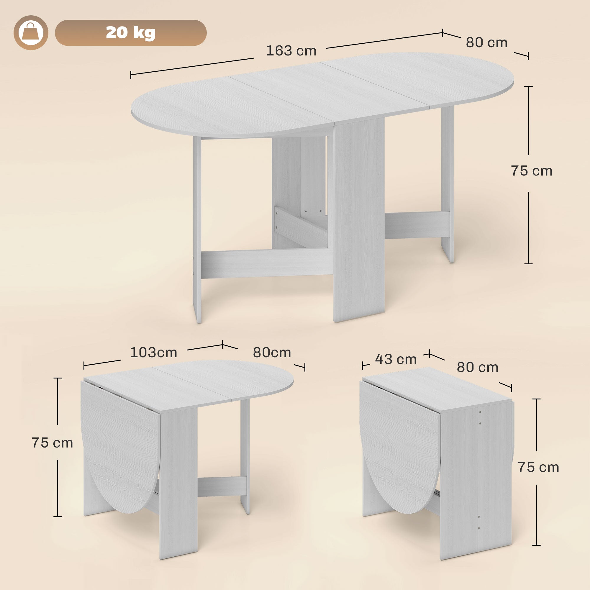 Tavolo Pieghevole da Pranzo 163x80x75 cm con 2 Ribalte Ovale in Legno Bianco