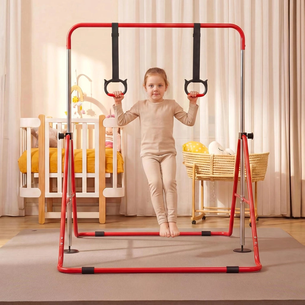 Sbarra Ginnastica Pieghevole per Bambini, Barra Ginnastica per Casa Regolabile a 4 Livelli con Anelli e Cuscinetti Antiscivolo, Attrezzatura Ginnastica per Bambini 3-12 Anni