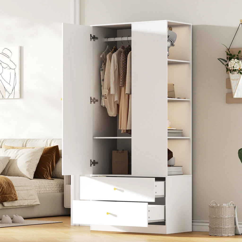 Armadio con specchio e 1 anta, 2 cassetti e 4 ripiani in MDF per camera da letto, bianco, 80 × 40 × 180 cm