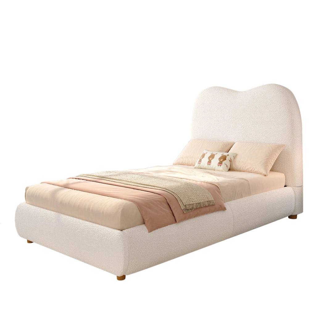 Letto imbottito per bambini 90x200 cm con contenitore idraulico, rete a doghe, testiera imbottita e rivestimento Bouclé beige