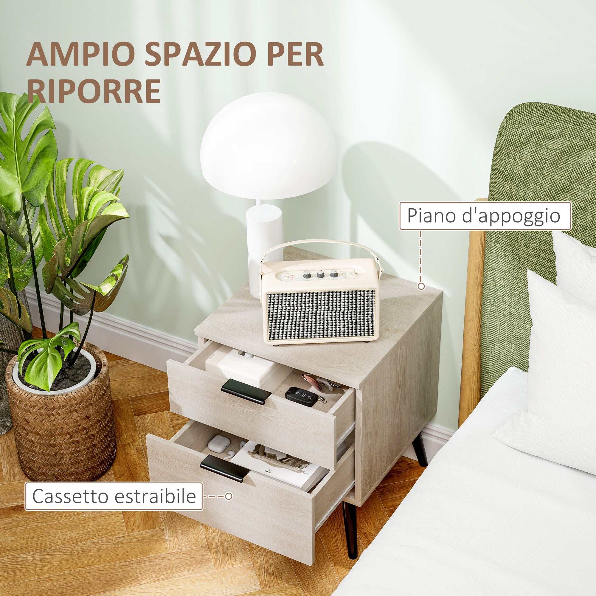 Set 2 Comodini Stile Nordico 40x40x50 cm con Cassetti in Legno Rovere