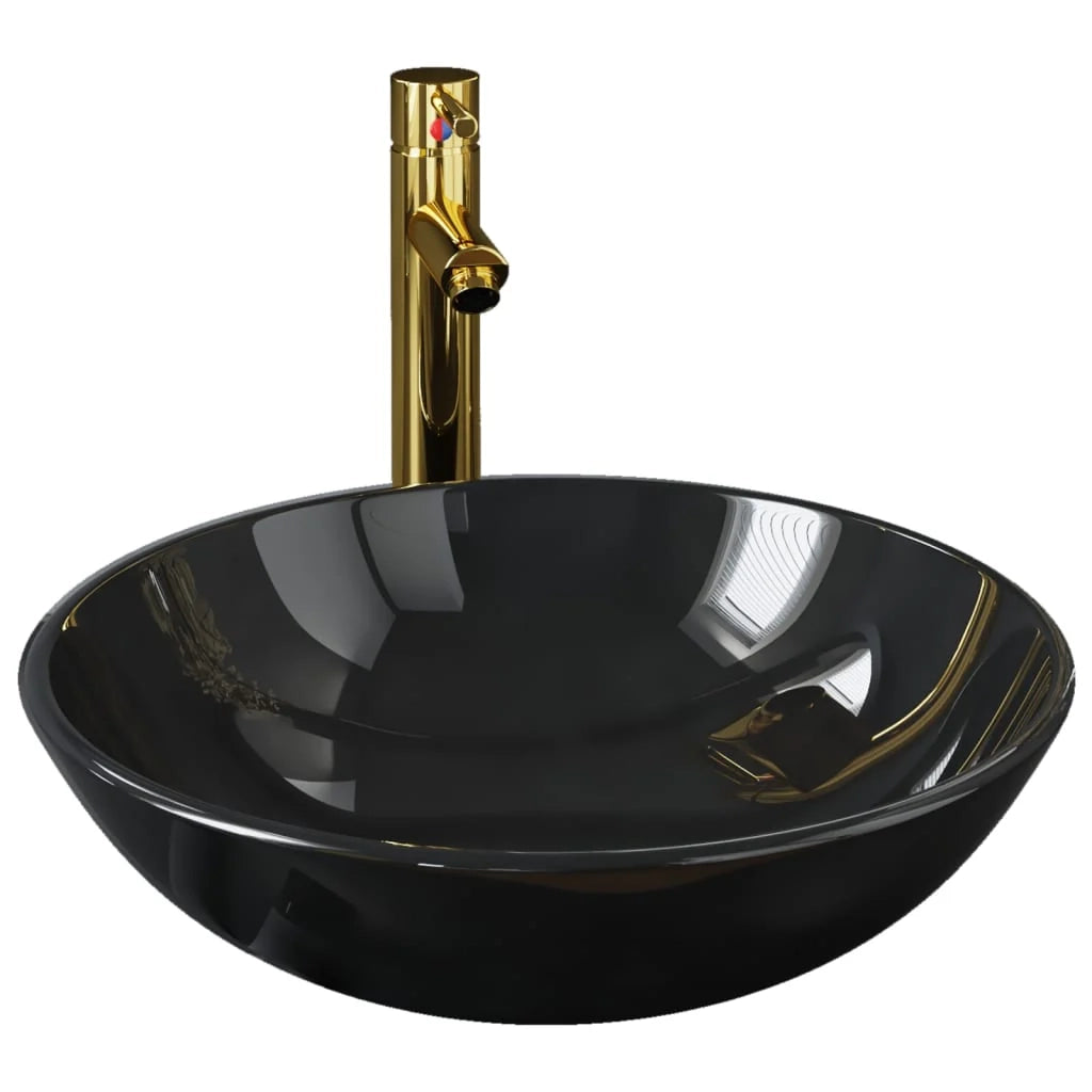 Lavandino da bagno con rubinetto e scarico a pulsante lavabo da appoggio lavabo da bagno lavabo da bagno diametro 42 cm vetro temperato nero 02_0002856