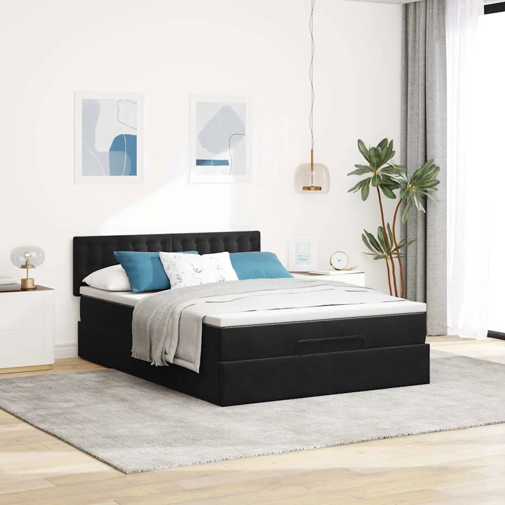 Struttura Letto Pouf con Materasso Nero 140x190 cm in Velluto 3311917