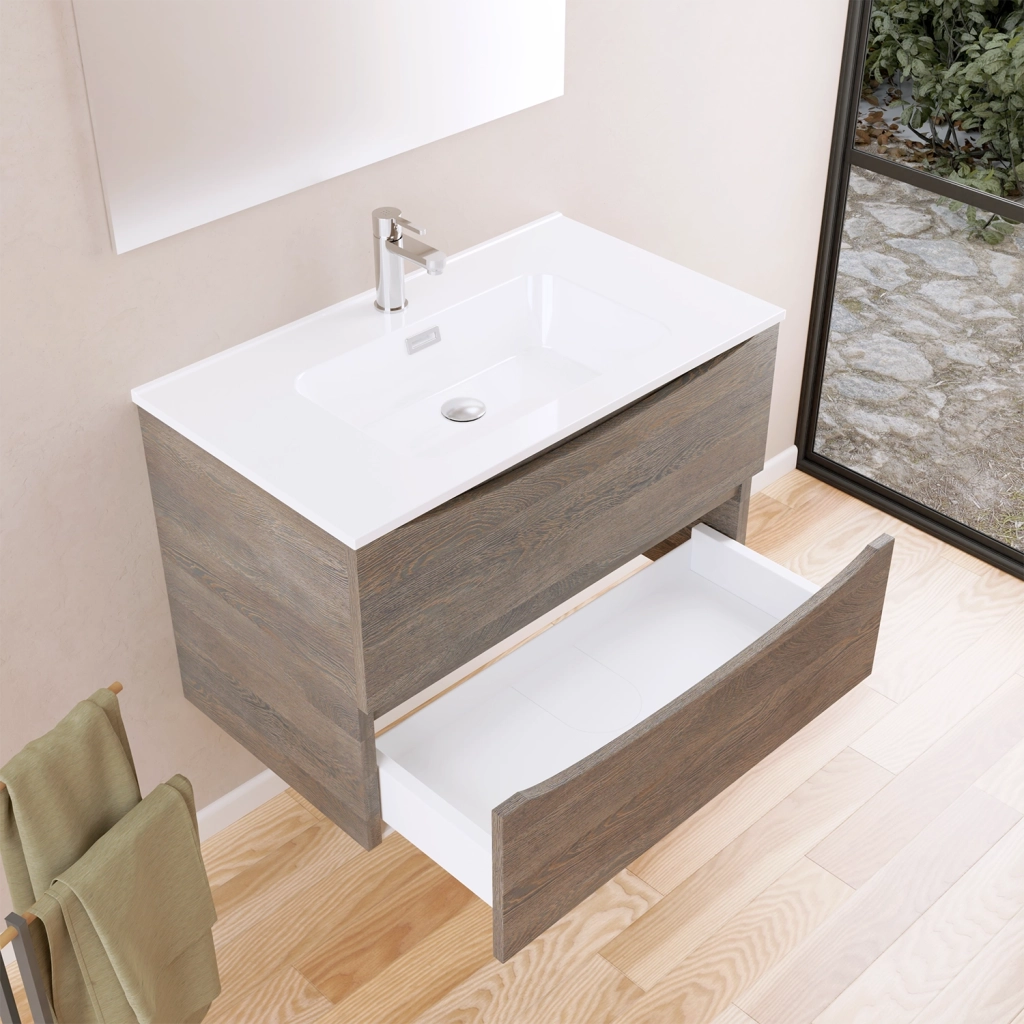 Mobile da bagno sospeso 80cm rovere scuro con lavabo e specchio | Aspen