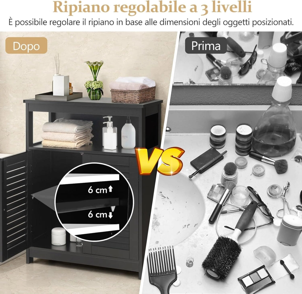 Armadietto da Bagno, Armadietto di Legno con Doppie Ante a Persiana e Mensola Regolabile, Mobile da Bagno Basso Salvaspazio per Ingresso e Camera da Letto, 60 x 30,5 x 80 cm (Nero)