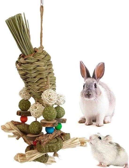 Casa Volante per Roditori Giocattolo per Hamster e Conigli Naturale Rompighiaccio con Anello di Rattan e Snack con Palla di Erba e Radice Sospesa per Roditori e Pappagalli.