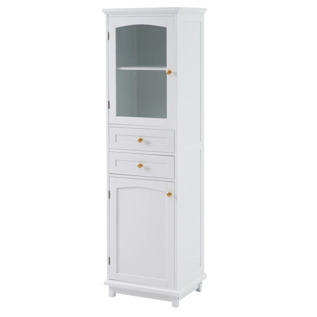 Armadio da bagno in MDF e vetro, 45 x 36 x 160 cm, bianco, con 2 cassetti e ripiani regolabili