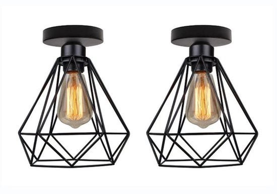Set di 2 lampadari in metallo per soffitto, disegno geometrico, con connettore E27, nero, 20 cm di diametro.