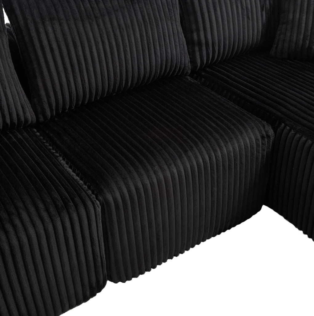 Divano modulare 257x160x62 cm con 5 cuscini; tasche laterali e portabicchieri in velluto a coste nero