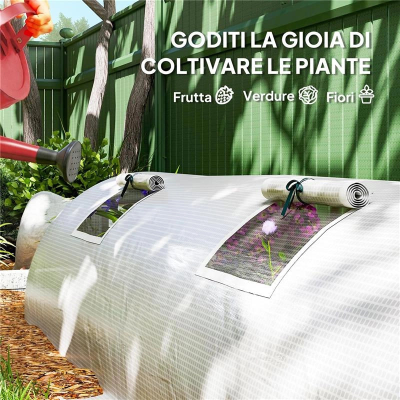 MINI SERRA DA GIARDINO A 4 PORTE ARROTOLABILI CON COPERTURA ALLUNGATA, IN ACCIAIO E PE, 360X90X90 CM, VERDE