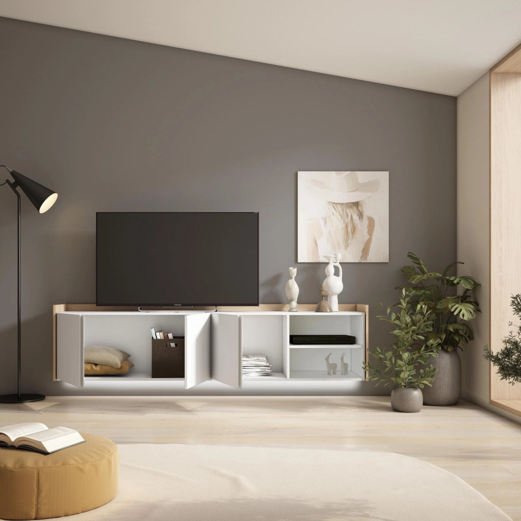 Mobile TV Soggiorno, 207x50x35 cm, Per TV fino a 80", Sospeso, da appendere, LED, Bianco e Rovere soft