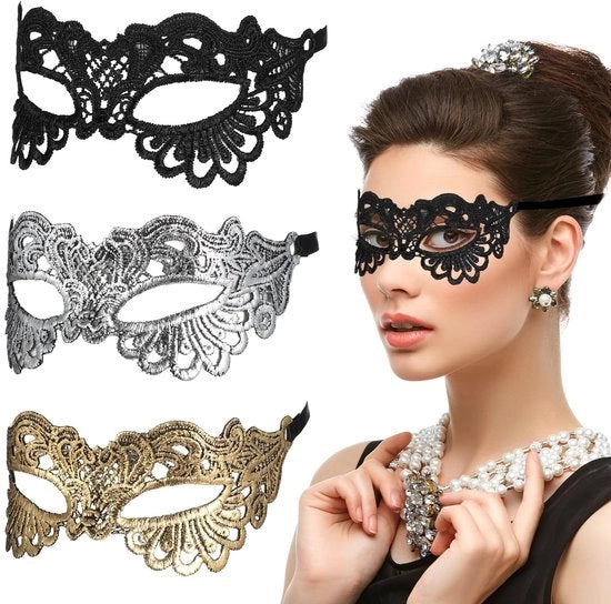 Maschera a fettuccia 3 pezzi - Maschera veneziana - Maschera per gli occhi - Maschera per il viso - Materiale: Fettuccia - Dimensioni: 25 x 7,5 cm