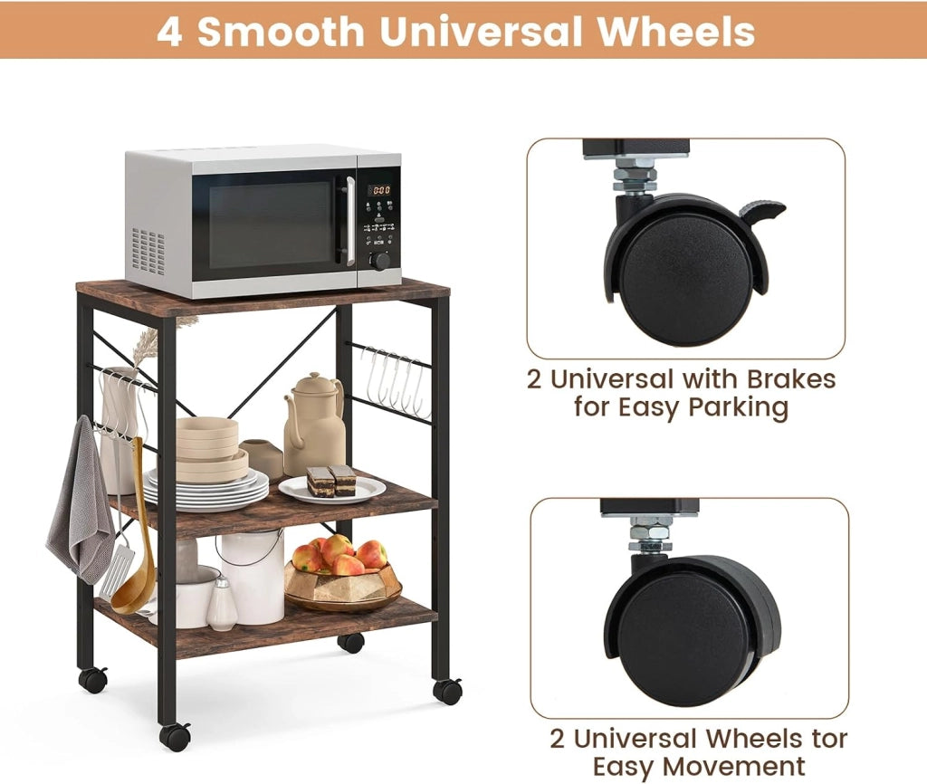 Carrello da Cucina con Rotelle, Carrello a 3 Livelli con Ripiani Regolabili e 10 Ganci a S, Carrello di Servizio in Legno e Metallo, Carrello Multiuso per Ufficio Cucina (Industria)