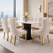 Sedia da Pranzo Imbottita con Schienale con Batacchio, Borchie Decorative e Piedini Regolabili, Velluto Beige 50.5 × 45 × 95 cm
