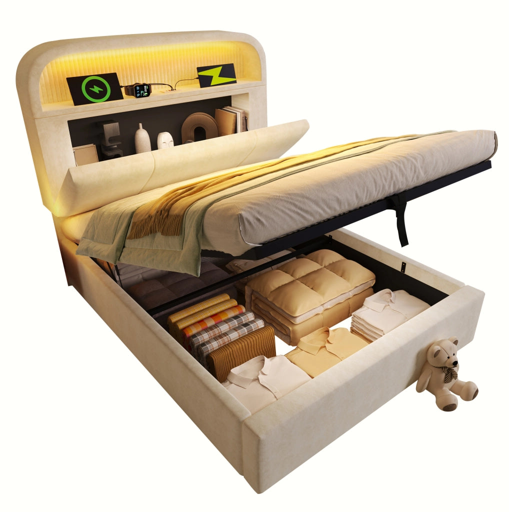 Letto singolo 90x200 cm con contenitore; testiera regolabile; LED e porta USB C; velluto beige