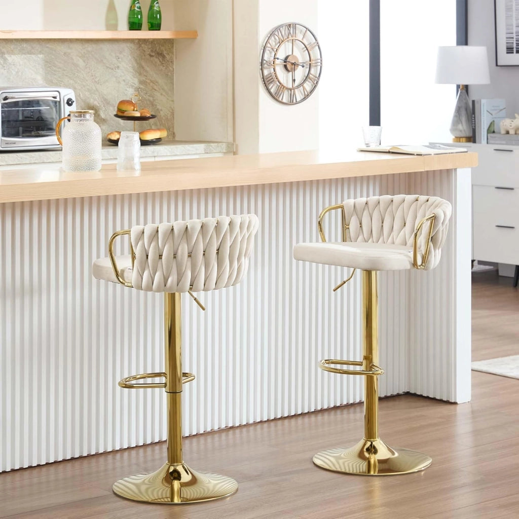 Set di 2 Sgabelli da Cucina Altezza Regolabile, Sgabelli da Bar in Velluto, Girevoli a 360°, con Base in Metallo e Poggiapiedi, Crema