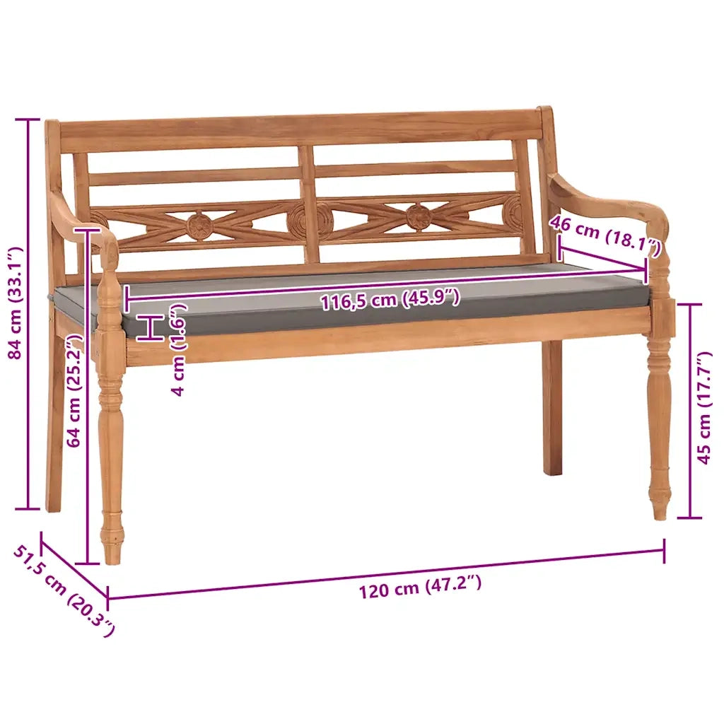 Panca Batavia con Cuscino Grigio Scuro 120 cm Massello di Teak 316030