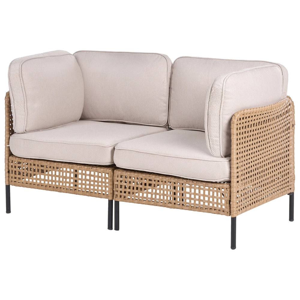 Set da giardino modulare in rattan PE beige chiaro a 6 posti con tavolino in vetro, struttura in metallo e cuscini, stile moderno