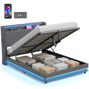 Letto contenitore imbottito con testiera e luce LED ¨C zephmum ¨C 140x190 cm grigio con contenitore idraulico