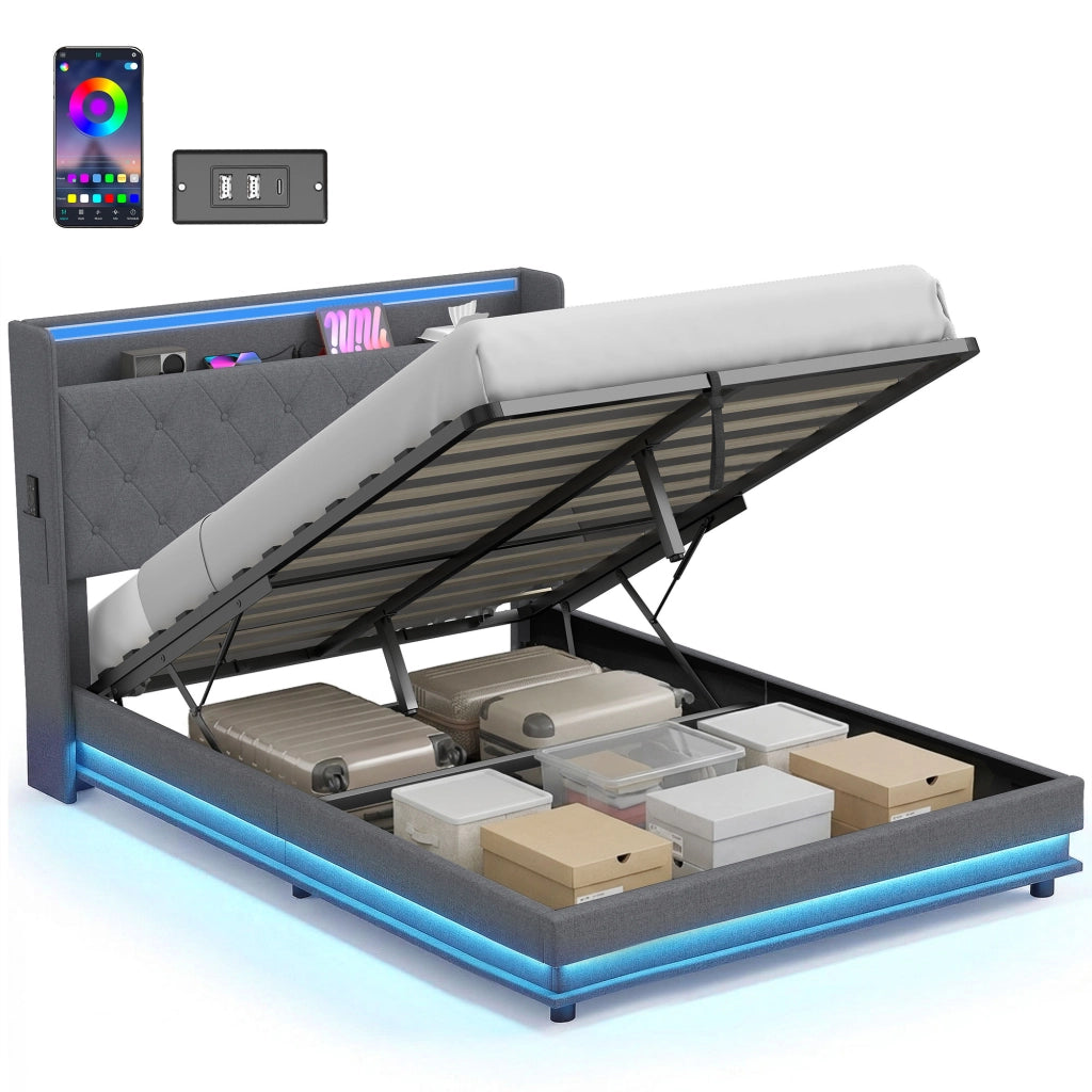 Letto contenitore imbottito con testiera e luce LED ¨C zephmum ¨C 140x190 cm grigio con contenitore idraulico