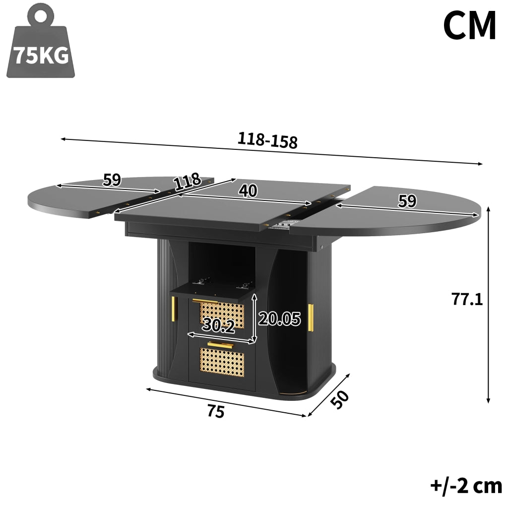 Tavolo da pranzo allungabile con 2 cassetti e vani contenitore, in MDF nero, per cucina e soggiorno