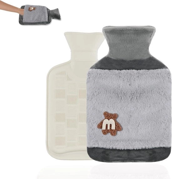 Bottiglia di acqua calda con cappuccio in piuma - 1 litro - senza bucato - grigio - regalo per familiari e amici - flacone di acqua calda con cappuccio