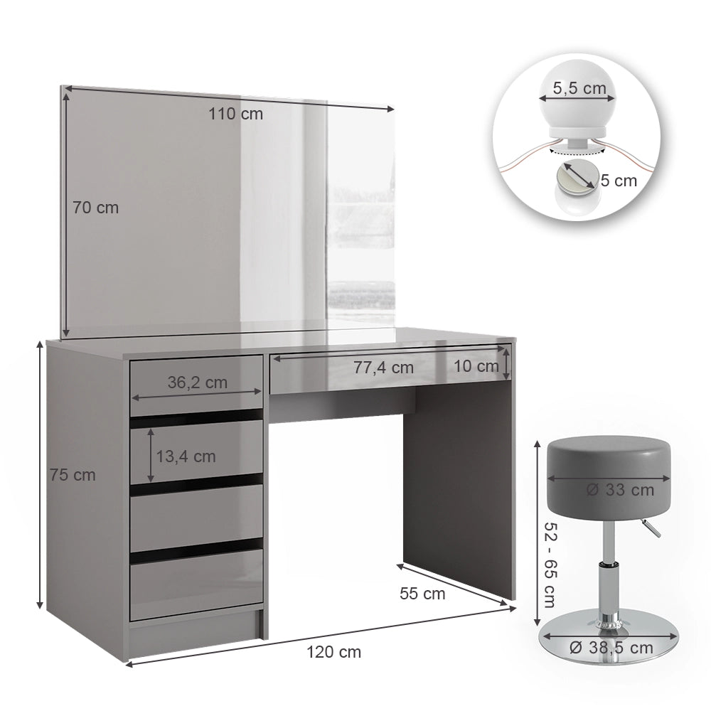 Vicco Tavolo da toeletta Grigio 55 cm con illuminazione a LED e sgabello