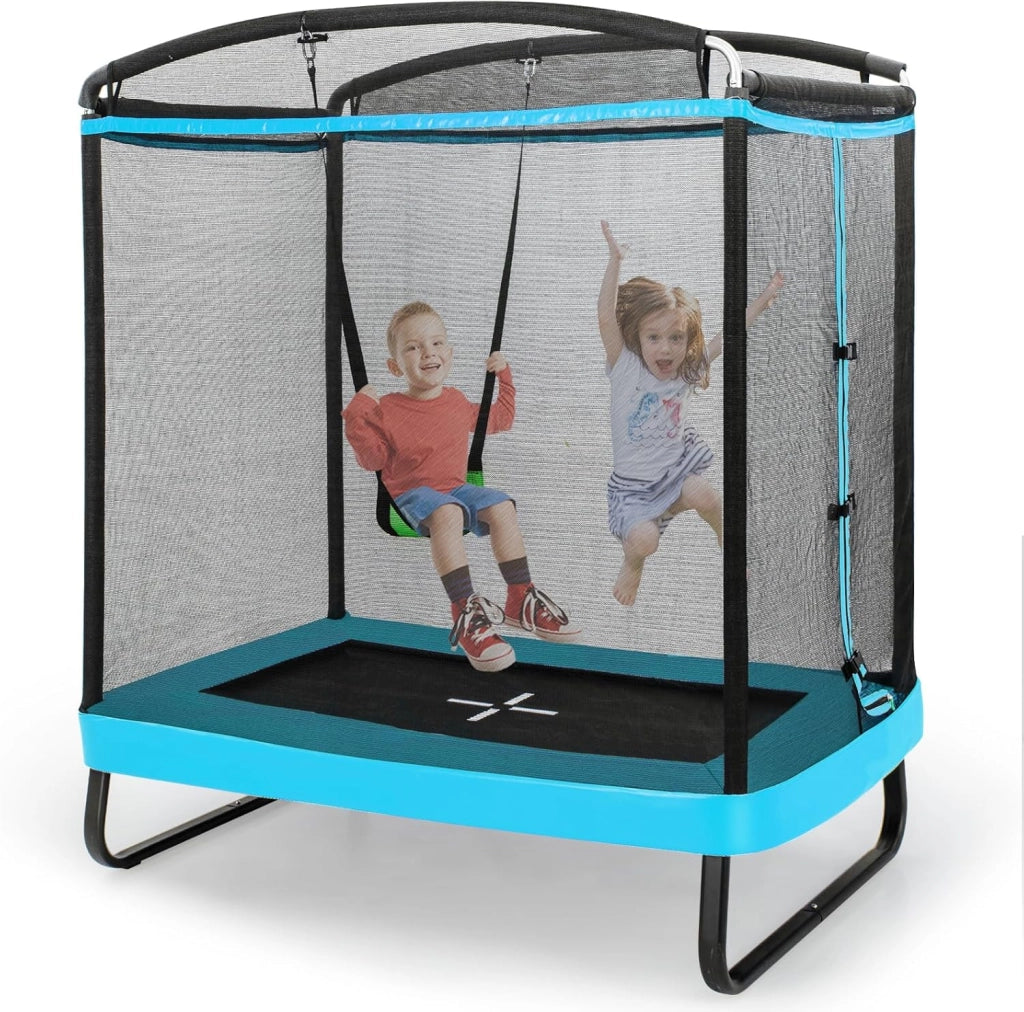 Trampolino Elastico per bambini con Altalena, Rete di Sicurezza, Trampolino Rettangolare Portato 100 kg, Tappeto da Salto all'Aperto, Tappetino per Saltare, 190x122x210 cm