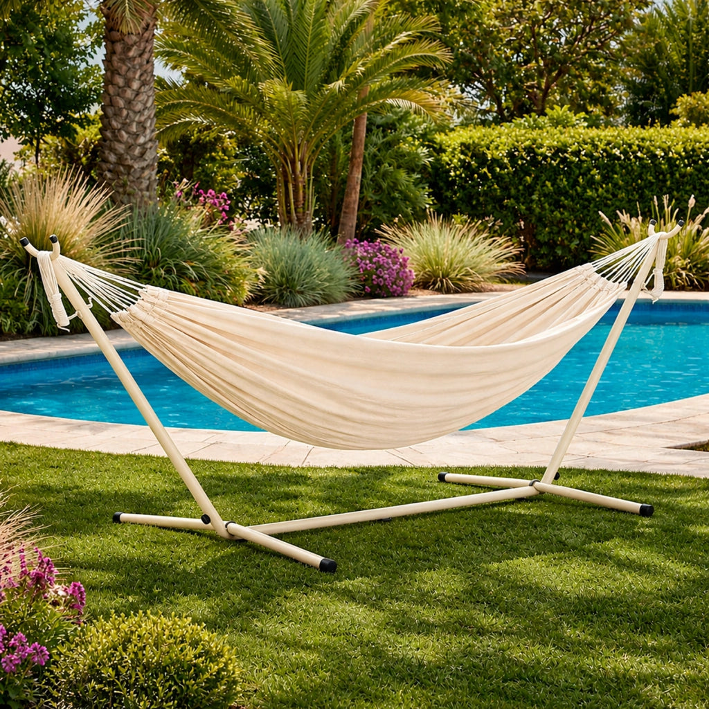 Amaca Da Giardino Con Struttura In Acciaio Beige Portata 200 Kg Altezza Regolabile Con Telo In Cotone Resistente Amaca Brasiliana Per Esterno Terrazzo Piscina E Balcone Con Borsa 265 x 110 x 100 Cm Beige