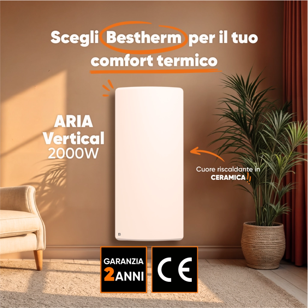 Radiatore elettrico fisso verticale in ceramica bianca Bestherm ARIA 2000W a inerzia secca