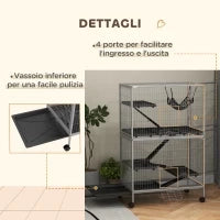 Gabbia per Roditori con 4 Ingressi a Livelli Multipli con Amaca, in Metallo e PP, 80x52x128 cm, Argento e Grigio