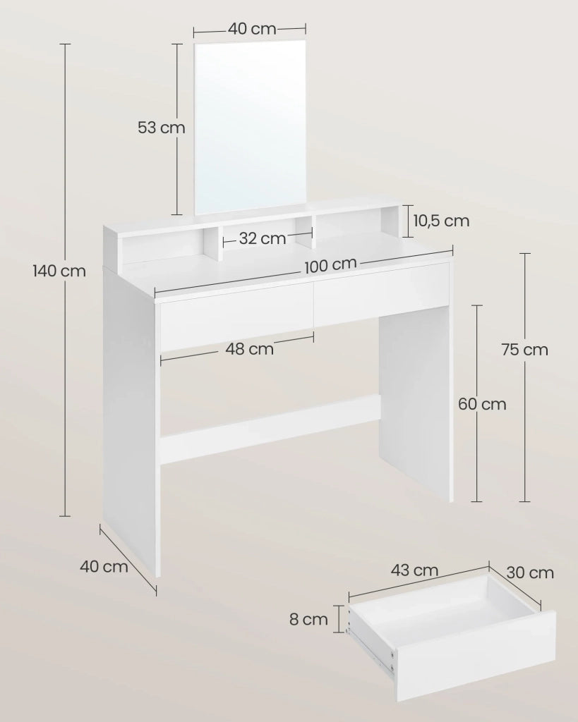Toletta con specchio rettangolare tavolo da trucco con 2 cassetti e 3 vani portaoggetti stile moderno bianco 12_0005168