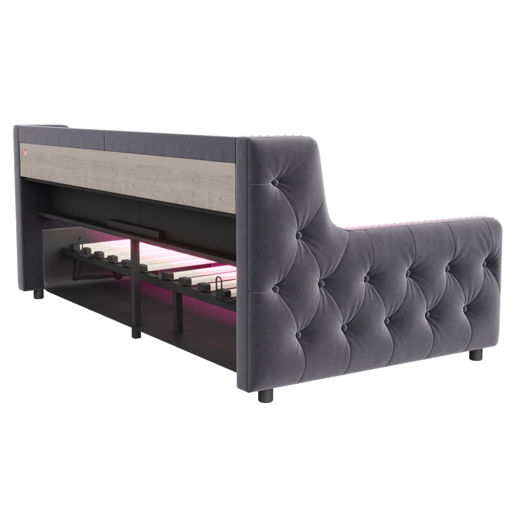 DIVANO LETTO 90 x 200 cm in velluto grigio scuro con LED e vano contenitore