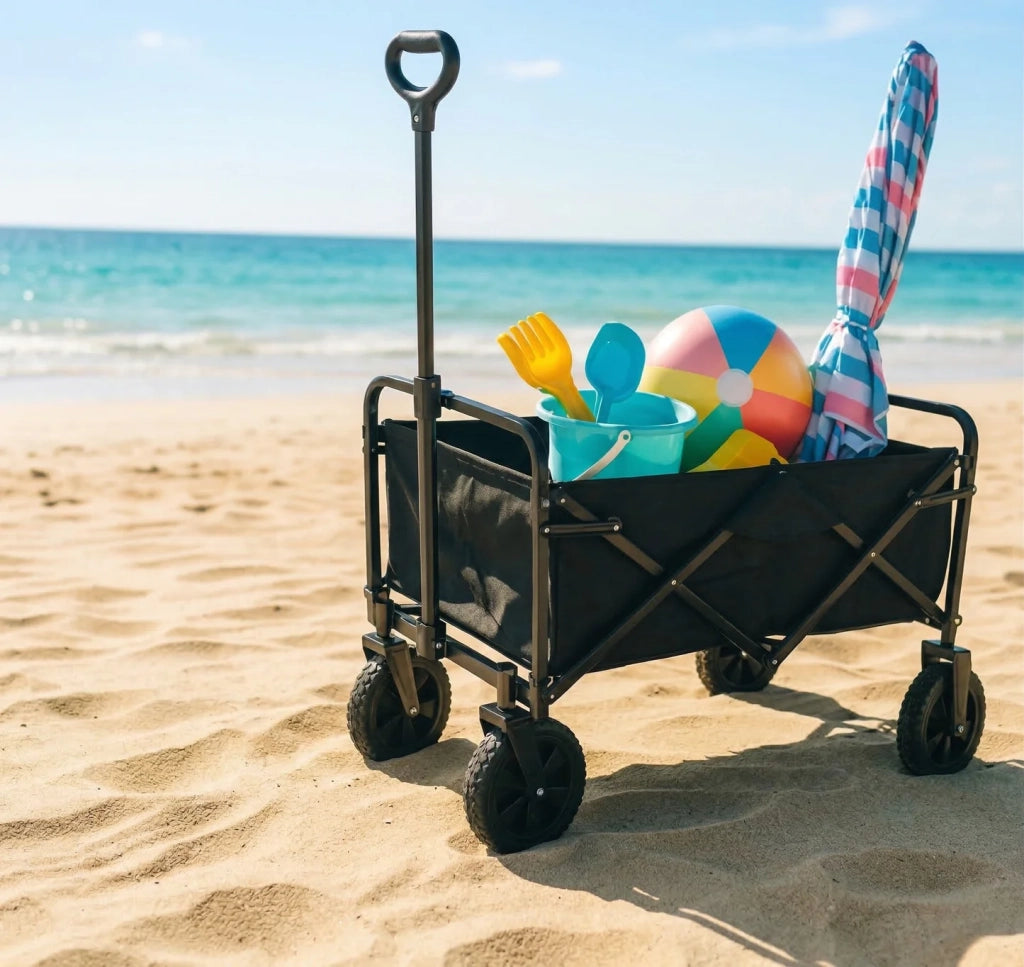 Carrello Pieghevole Trasporto per Spiaggia, Giardino e Spesa. 96 Litri, Max 65kg. Colore: nero