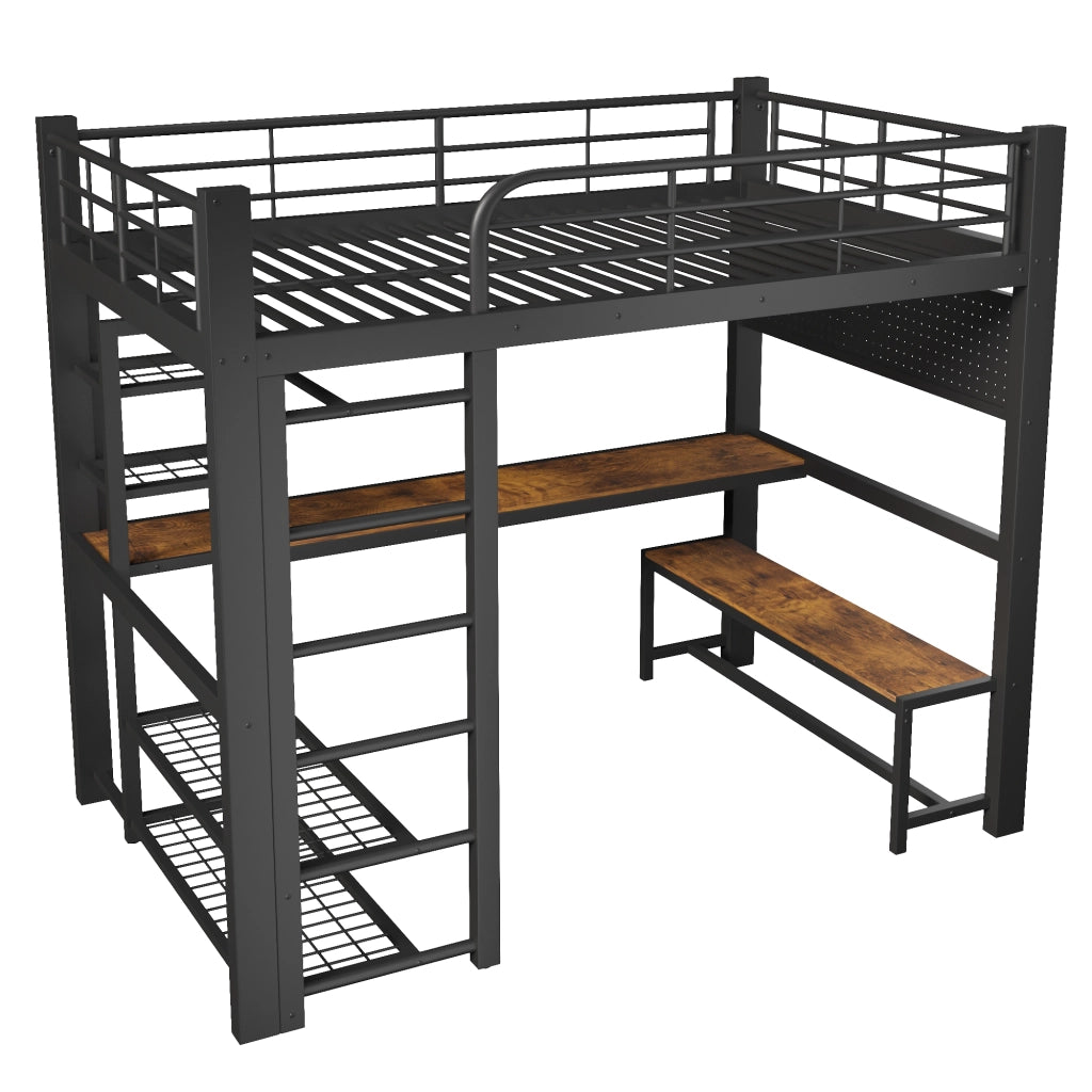 Letto a soppalco matrimoniale 140×200 cm con LED; scrivania; ripiani e barra appendiabiti; senza materasso; metallo; nero