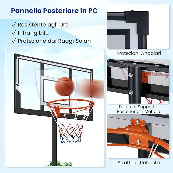 Canestro da Basket da Esterno, Canestro da Basket Portatile e Regolabile in Altezza 1-3M, con Tabellone Antiurto e Ruote per Adolescenti ed Adulti da Giardino, Piscina e Campo