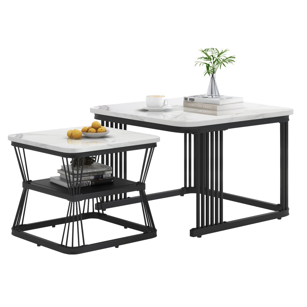 TAVOLINI Set da 2 pezzi 65x65x45 cm e 45x45x39,5 cm MDF bianco, acciaio nero