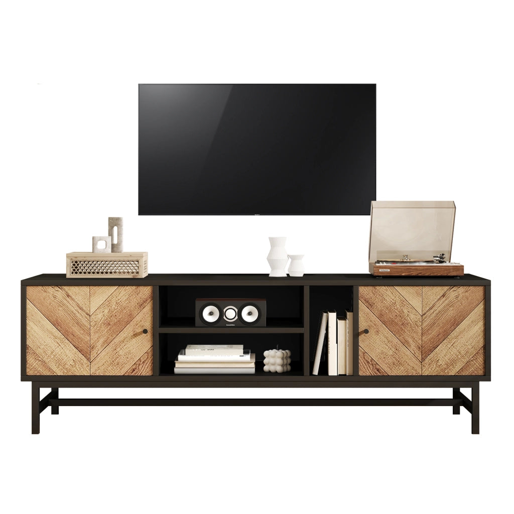 Mobile TV da 150 cm ¨C design a contrasto nero e legno con spazio contenitivo versatile, comprendente ante, vani orizzontali e verticali, design